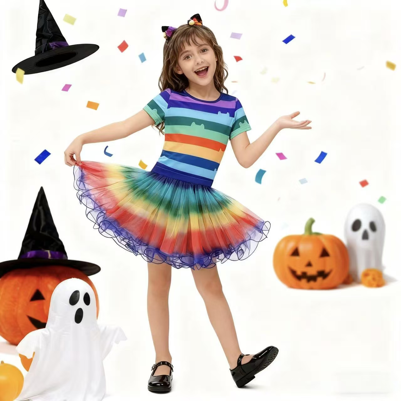 Summer Clothing Kids - Kaus Bergaris Pelangi Anak Perempuan Rok