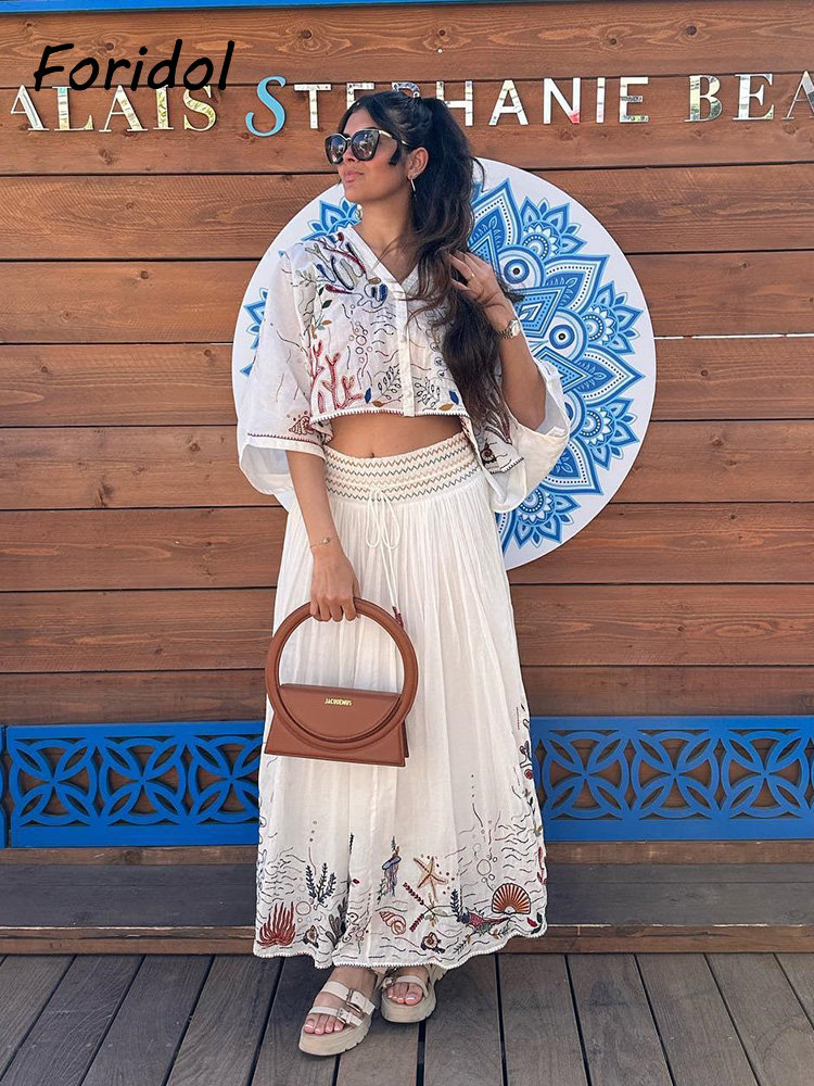 Summer Clothing Accessories - Foridol gaun rumbai putih katun Set