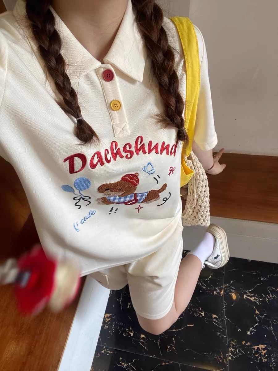 Summer Clothing For Japan - Kaus Polo Gaya Jepang Anjing Bordir
