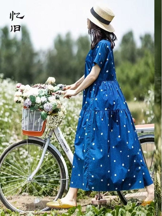 Summer Clothing Label - Gaun Motif Bunga Katun Murni Biru